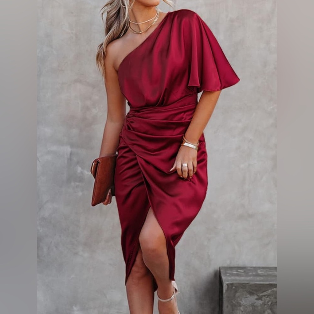 NWOT DO+BE Women One-Shoulder Wine Red Dress Satin Fabric 100% Polyester.Small - Picture 16 of 16